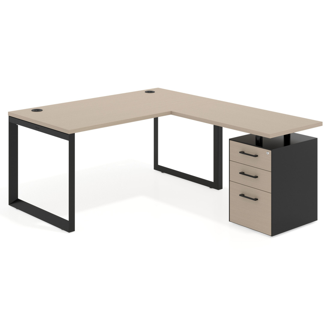 Mesa de escritorio en L con cajones Delta, estructura negra, ala pedestal melamina