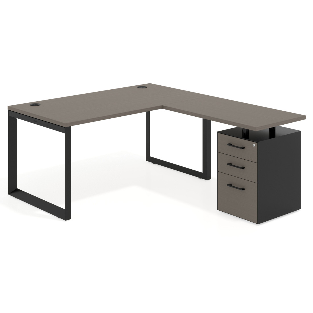 Mesa de escritorio en L con cajones Delta, estructura negra, ala pedestal melamina