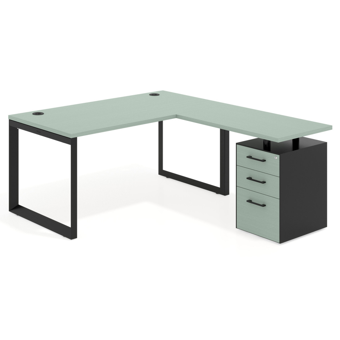 Mesa de escritorio en L con cajones Delta, estructura negra, ala pedestal melamina