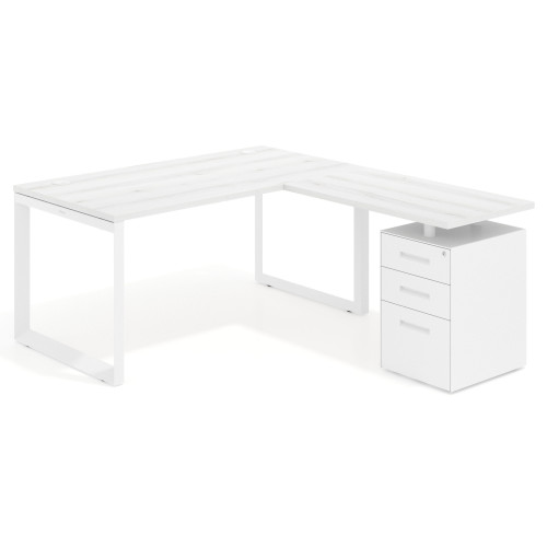 Mesa de escritorio en L con cajones Delta, estructura blanca, ala pedestal metal - 180x180