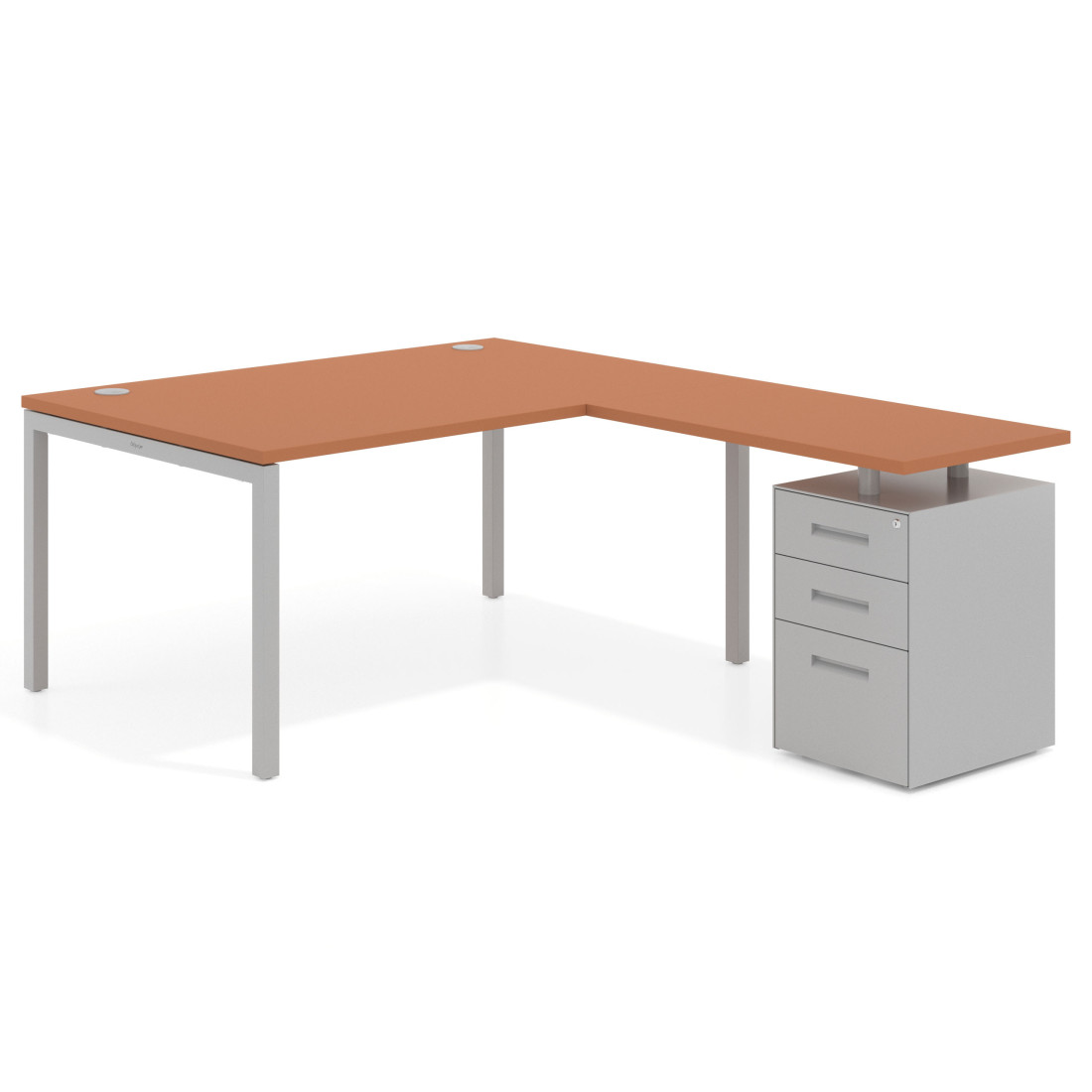 Mesa de dirección en L con cajones Kube, fondo 100, frontales metal, estructura aluminio