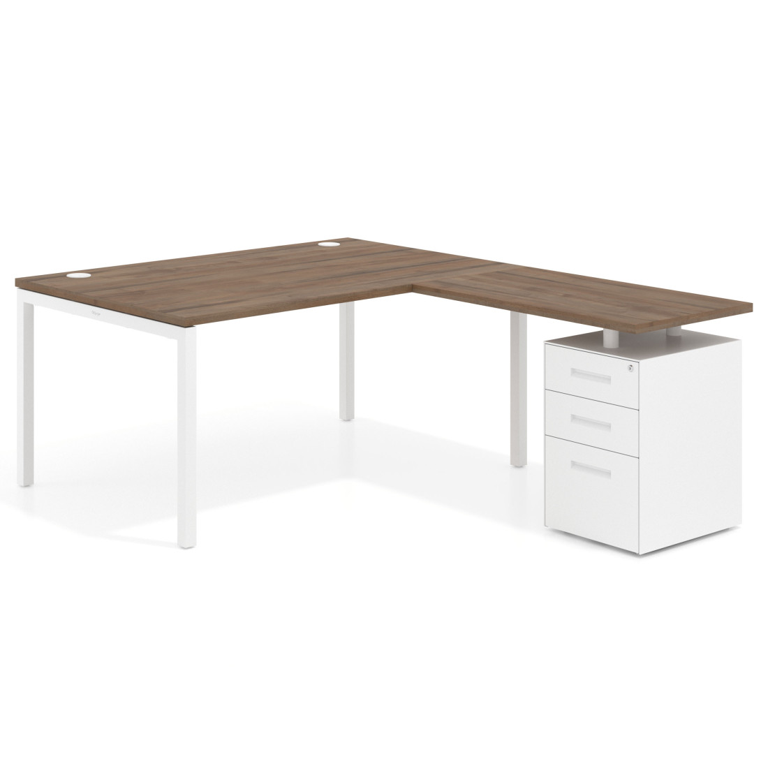 Mesa de dirección en L con cajones Kube, fondo 100, frontales metal, estructura blanca