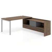 Mesa de despacho en L Kube fondo 80cm con ala+cajones WorkPlus estructura aluminio - NOCE SABI, 140X205, Derecha