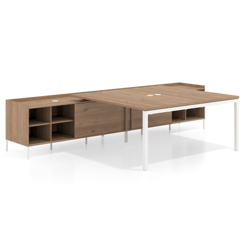 Mesa de oficina doble con pedestal estantes Kube, encimera única, estructura blanca - 140x166