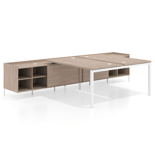 Mesa multipuesto con pedestal estantes Kube, encimera única, estructura blanca - 140x166