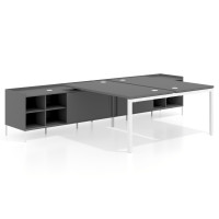 Mesa multipuesto con pedestal estantes Kube, encimera única, estructura blanca - GRIS TORMENTA, 180X166