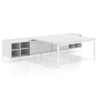 Mesa multipuesto con pedestal estantes Kube, encimera única, estructura blanca - ALBO, 180X166