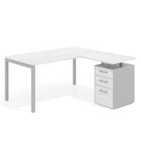 Mesa de oficina en L con cajones Kube fondo 80, ala corta, frontales melamina, estructura aluminio - ALBO, 180x150