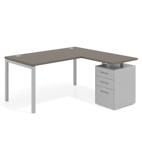 Mesa de oficina en L con cajones Kube fondo 80, ala corta, frontales metal, estructura aluminio - 140x150