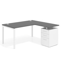 Mesa de oficina en L con cajones Kube fondo 80, ala corta, frontales metal, estructura blanca - GRIS TORMENTA, 180x150