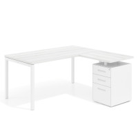 Mesa de oficina en L con cajones Kube fondo 80, ala corta, frontales metal, estructura blanca - ALBO, 180x150