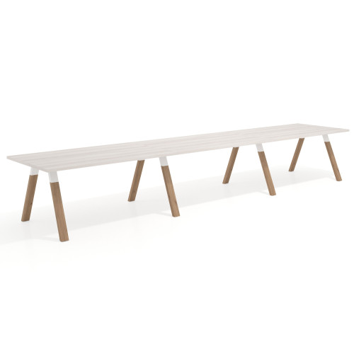 Mesa de oficina progresiva UvePro triple, fondo 100cm, estructura blanca, patas de madera - 360x100