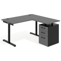 Mesa de Escritorio con cajones, fondo 68cm, estructura negra, ala corta, pedestal melamina - GRIS TORMENTA, 140X138