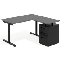 Mesa de Escritorio con cajones, fondo 68cm, estructura negra, ala corta, pedestal metálico - GRIS TORMENTA, 140X138