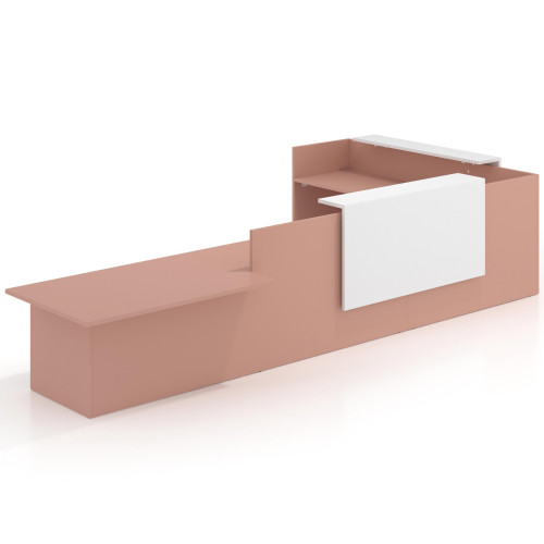 Mostrador con rincón izquierdo y módulo de atención, estructura Color - Rosa Talco/Blanco Mate, 238x320