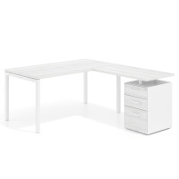 Mesa de oficina en L con cajones Kube fondo 80, frontales melamina, estructura blanca - ALBO, 180x180