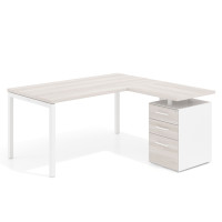 Mesa de oficina en L con cajones Kube fondo 80, ala corta, frontales melamina, estructura blanca - CALIFORNIA, 140x150