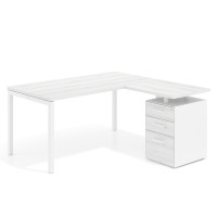 Mesa de oficina en L con cajones Kube fondo 80, ala corta, frontales melamina, estructura blanca - ALBO, 180x150
