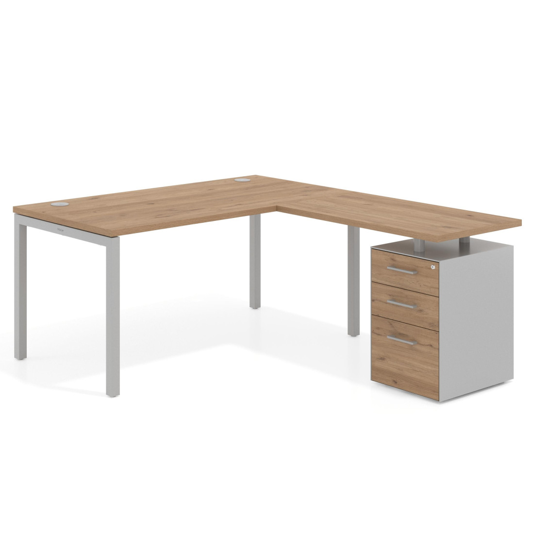 Mesa de dirección en L con cajones Kube, fondo 100, frontales melamina, estructura aluminio