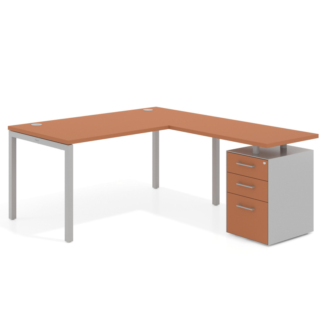 Mesa de dirección en L con cajones Kube, fondo 100, frontales melamina, estructura aluminio