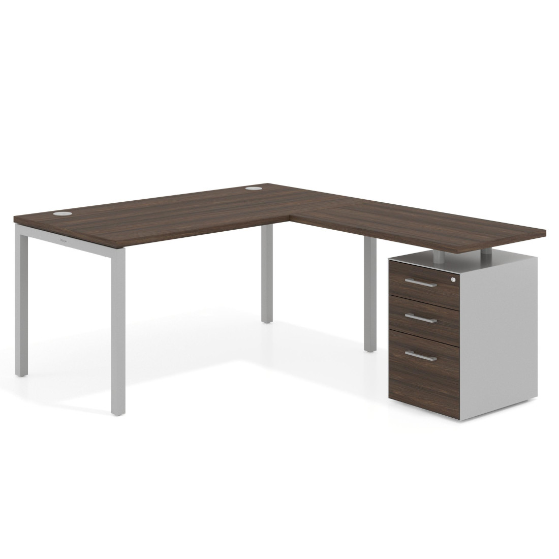 Mesa de dirección en L con cajones Kube, fondo 100, frontales melamina, estructura aluminio