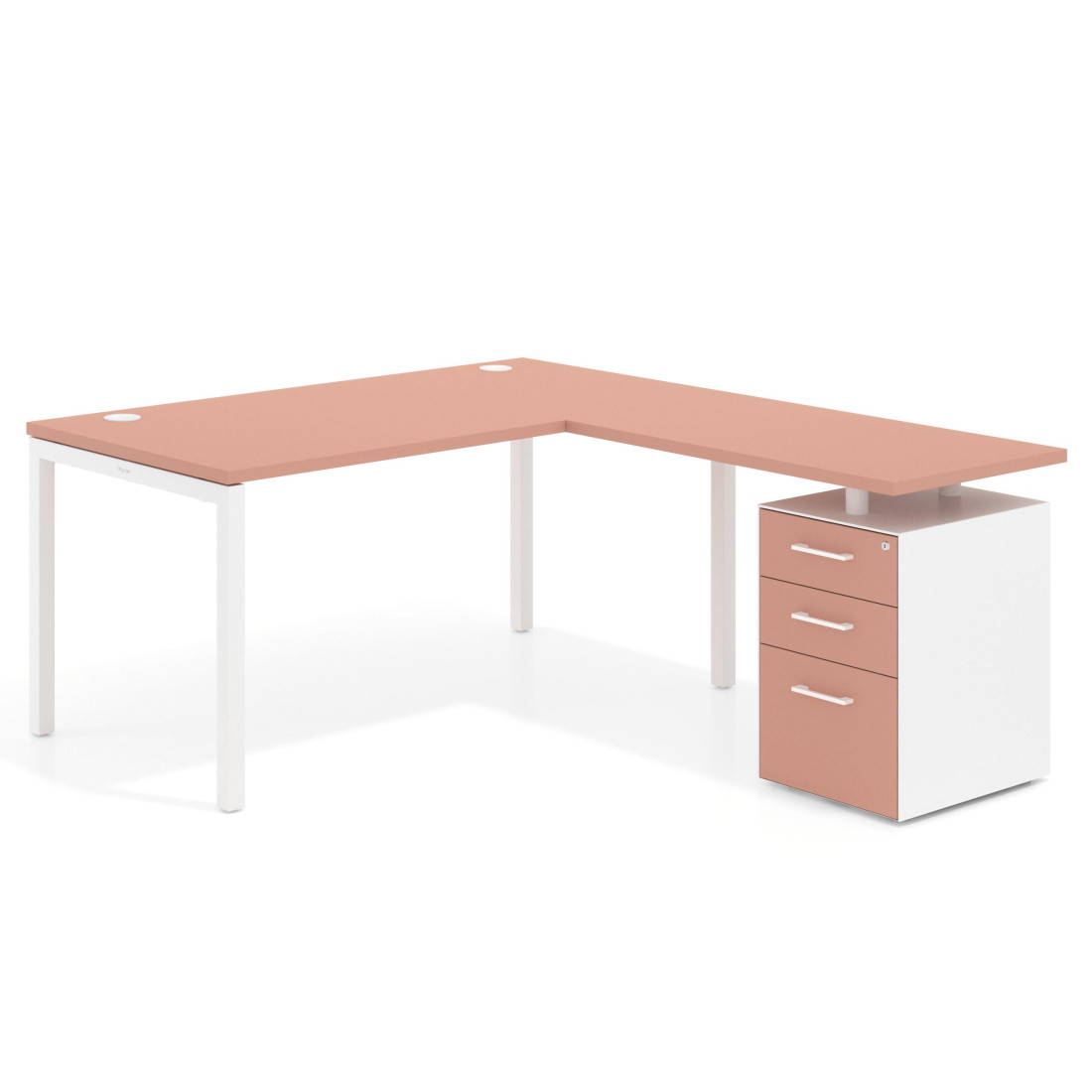 Mesa de dirección en L con cajones Kube, fondo 100, frontales melamina, estructura blanca