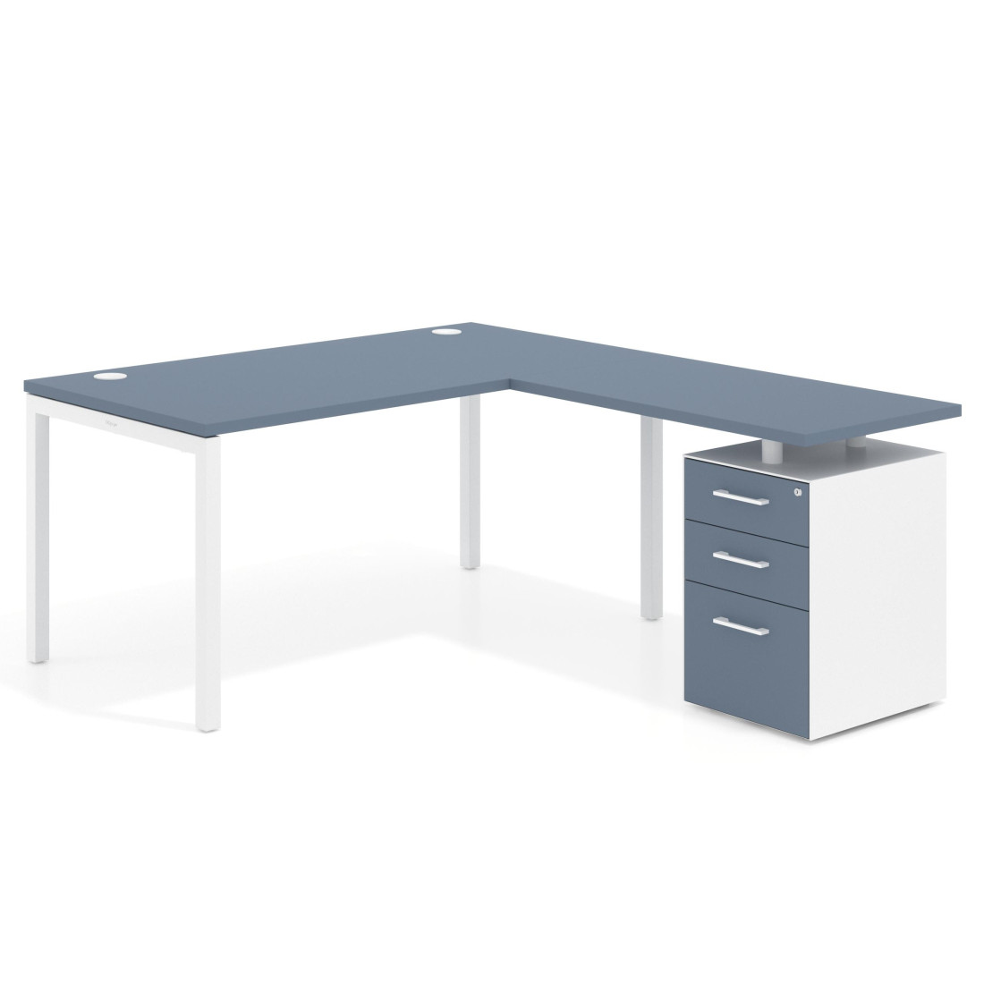 Mesa de dirección en L con cajones Kube, fondo 100, frontales melamina, estructura blanca