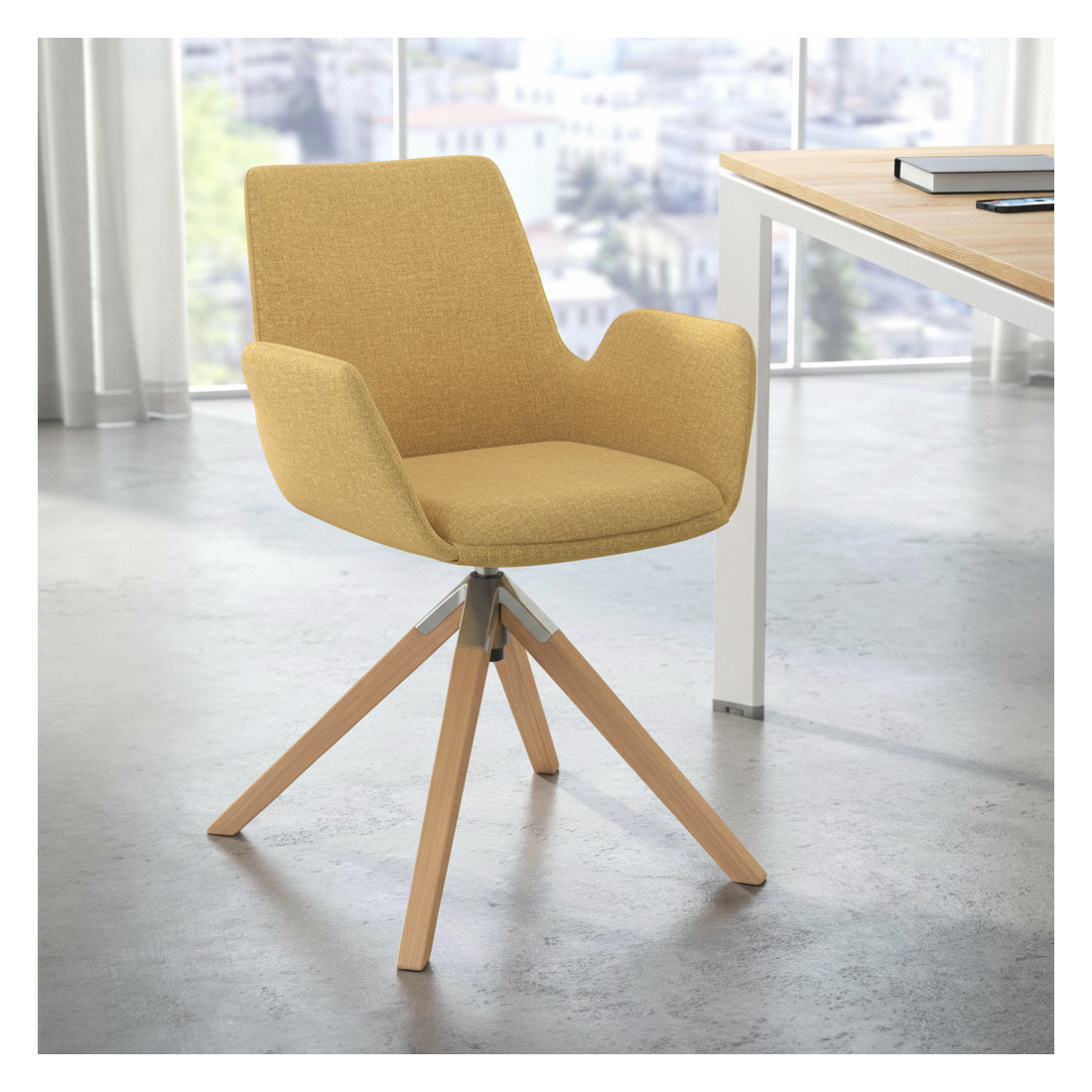 silla confidente amarillo elodie giratoria madera tela 2