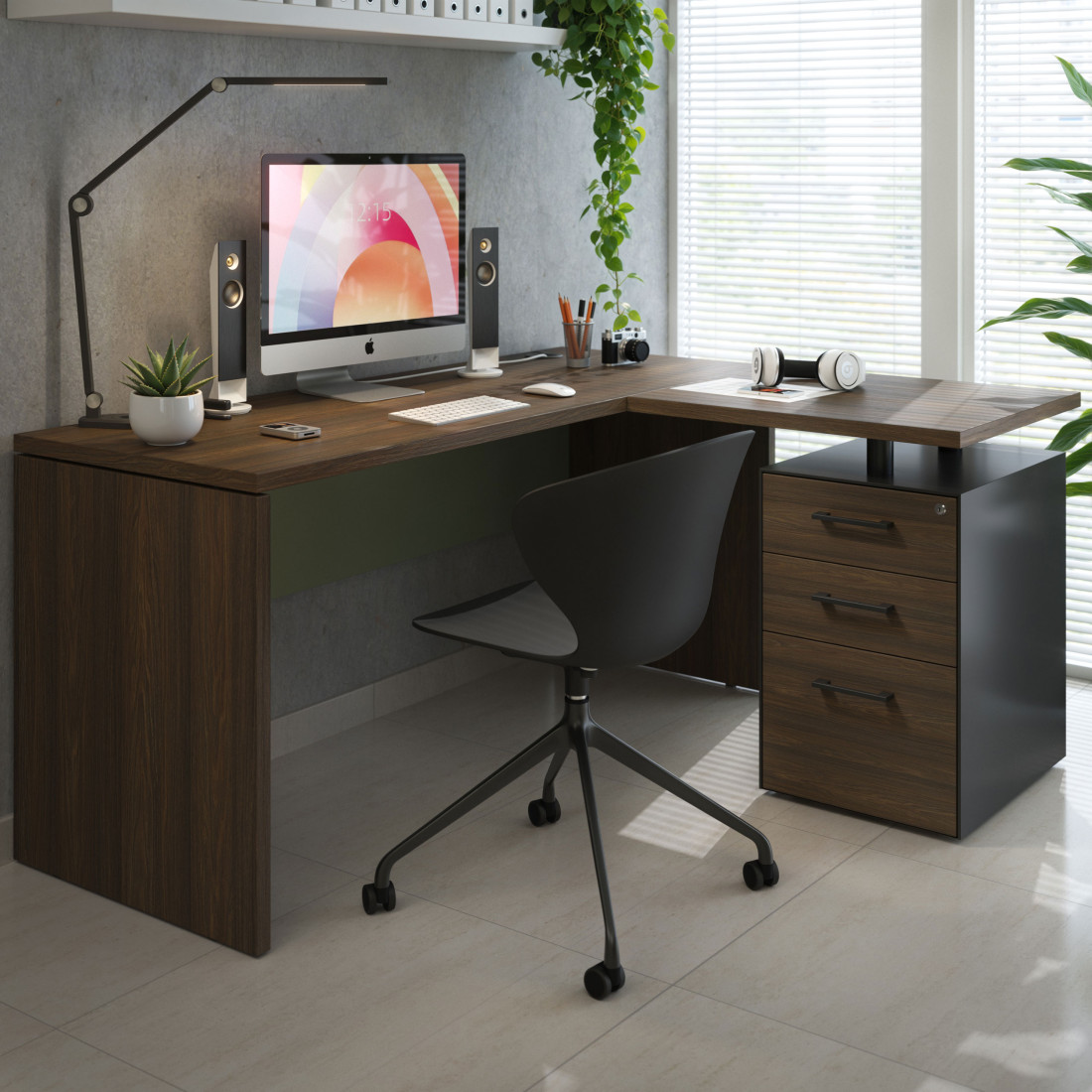Mesa de Escritorio con cajones en L Work Plus, ala corta, fondo 60, frontales melamina estructura mistral