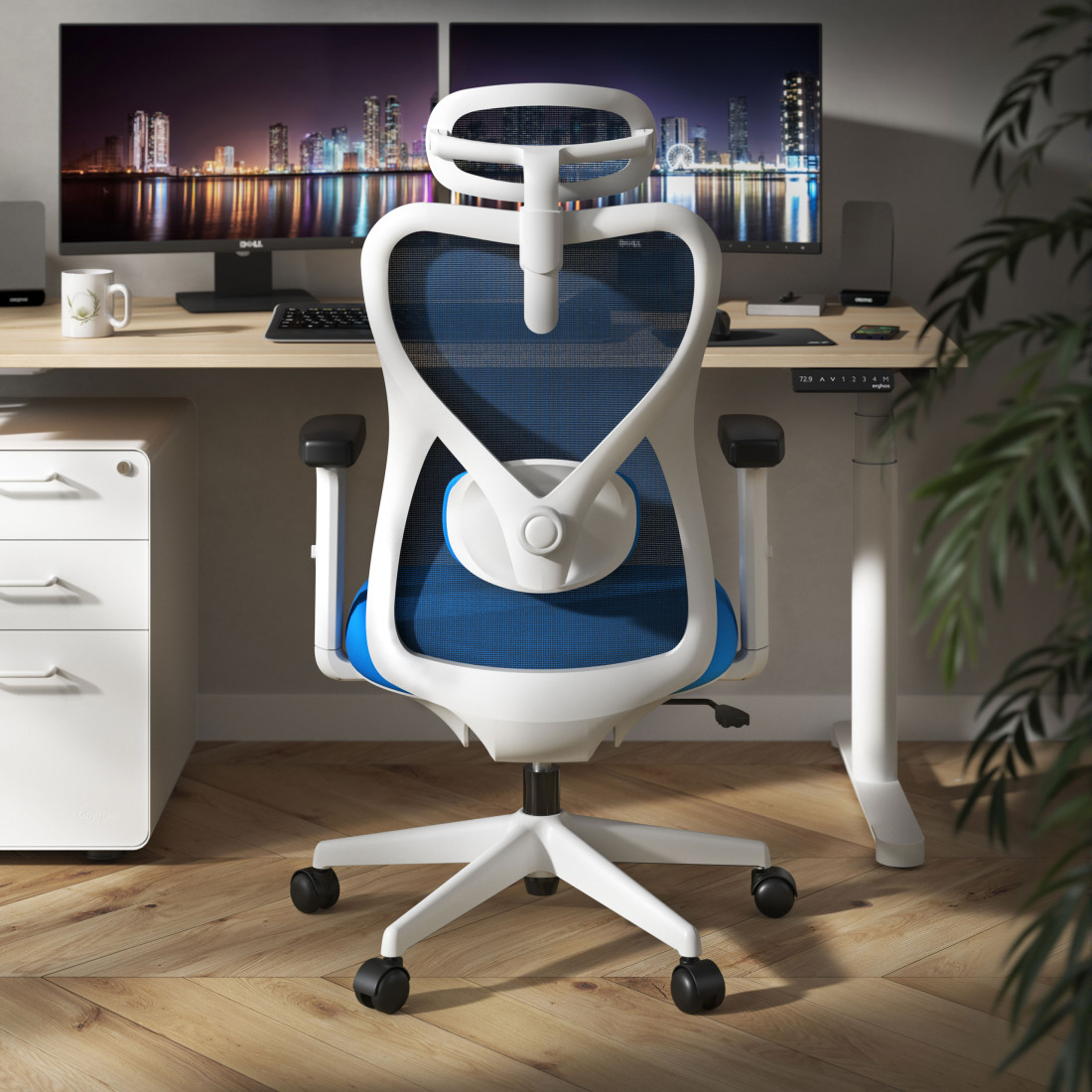 silla ergonomica azul prime estructura blanca malla 2