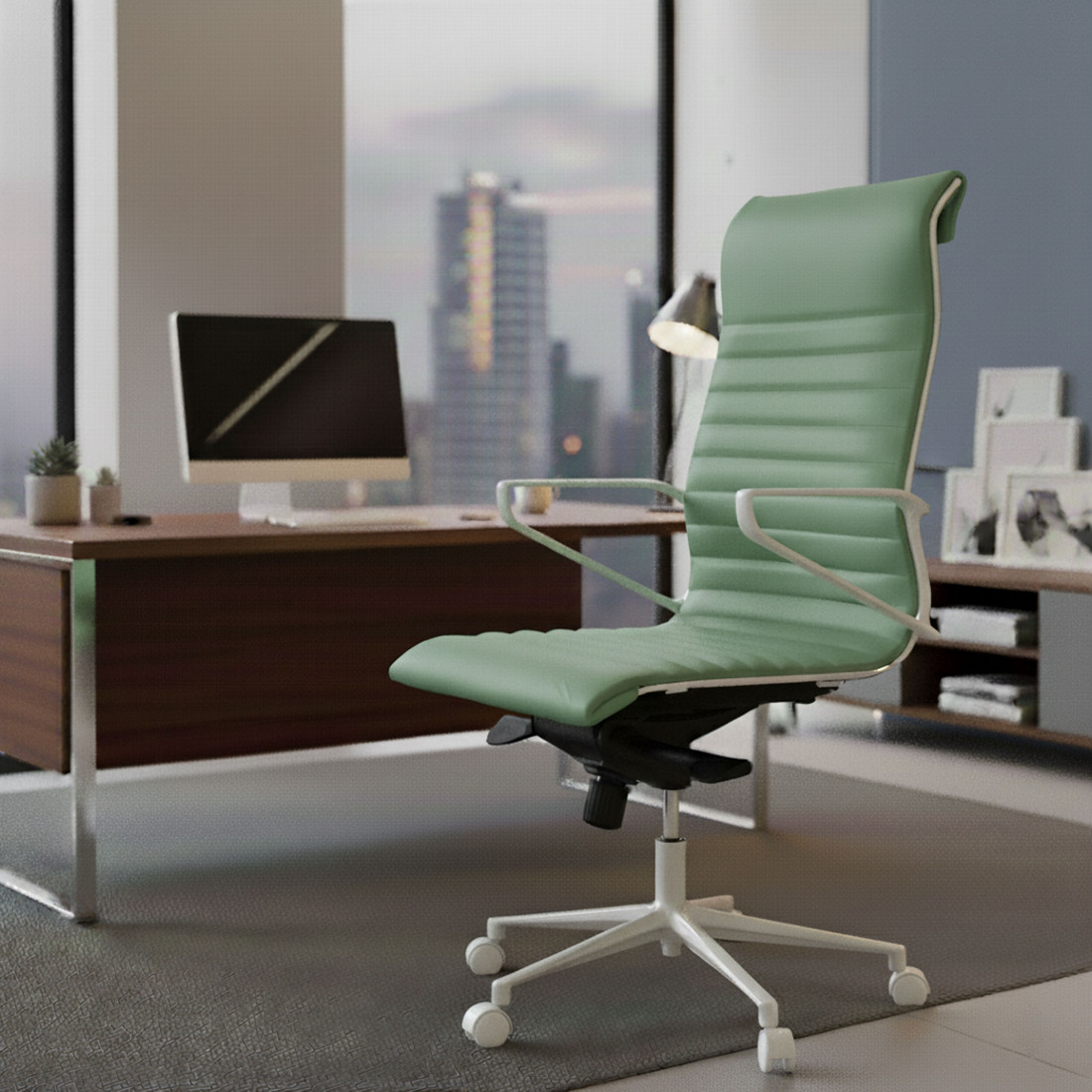 silla ejecutiva blanco verde forli respaldo alto estructura blanca piel sintetica 2