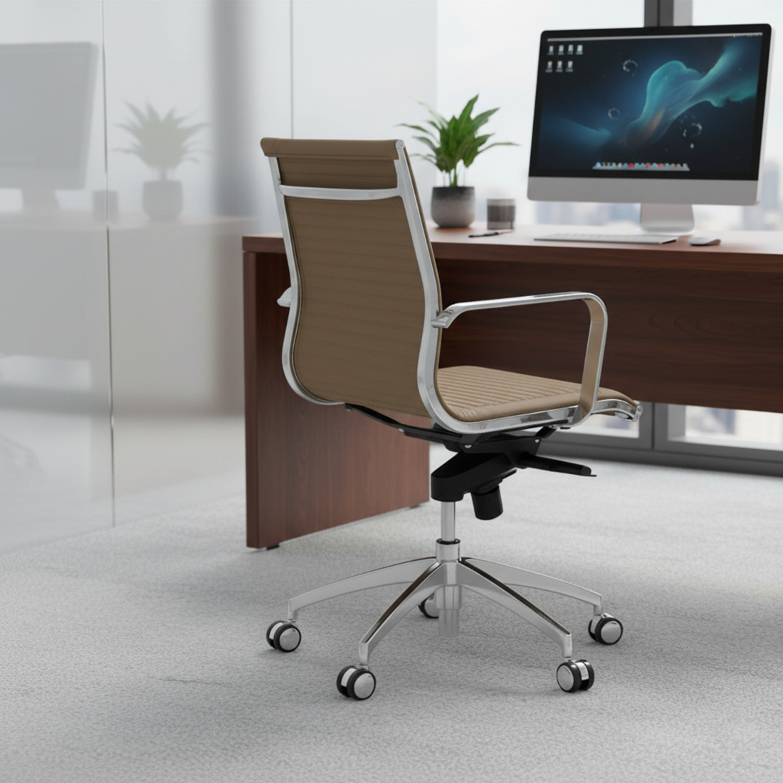 sillon de oficina marron cafe croma estructura cromada ecopiel piel sintetica 2