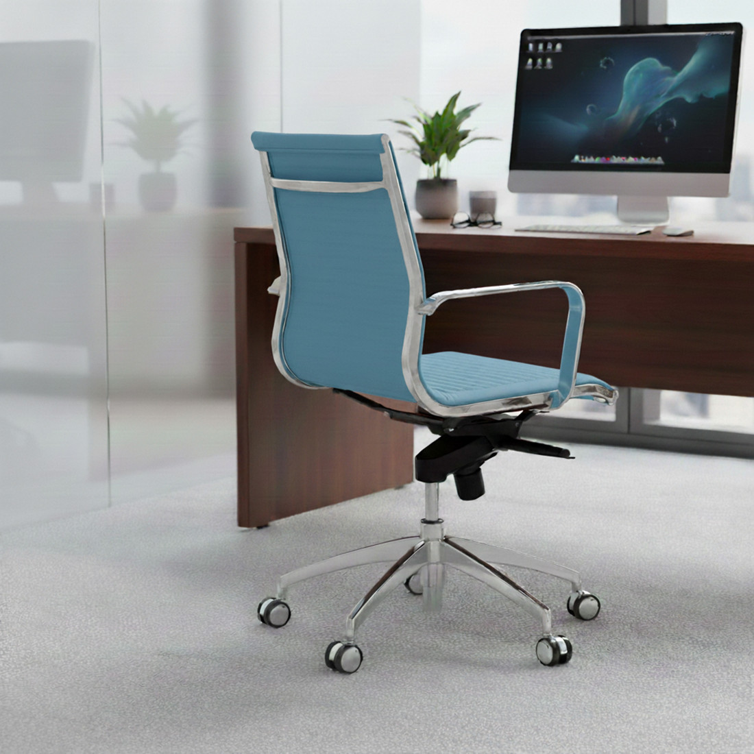 sillon de oficina azul celeste croma estructura cromada ecopiel piel sintetica 2
