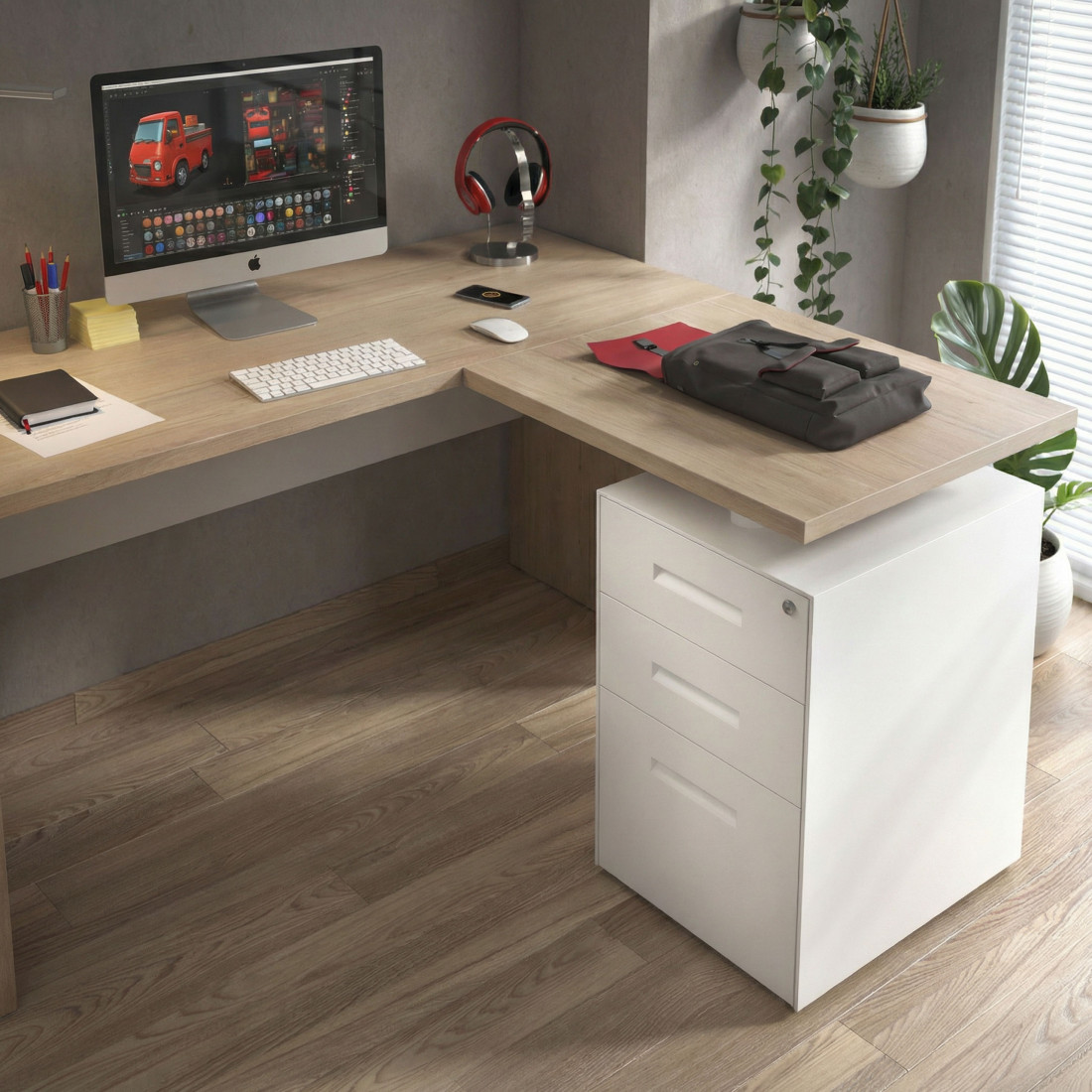 Mesa de escritorio con cajones Work fondo 60, frontales metal, estructura bicolor
