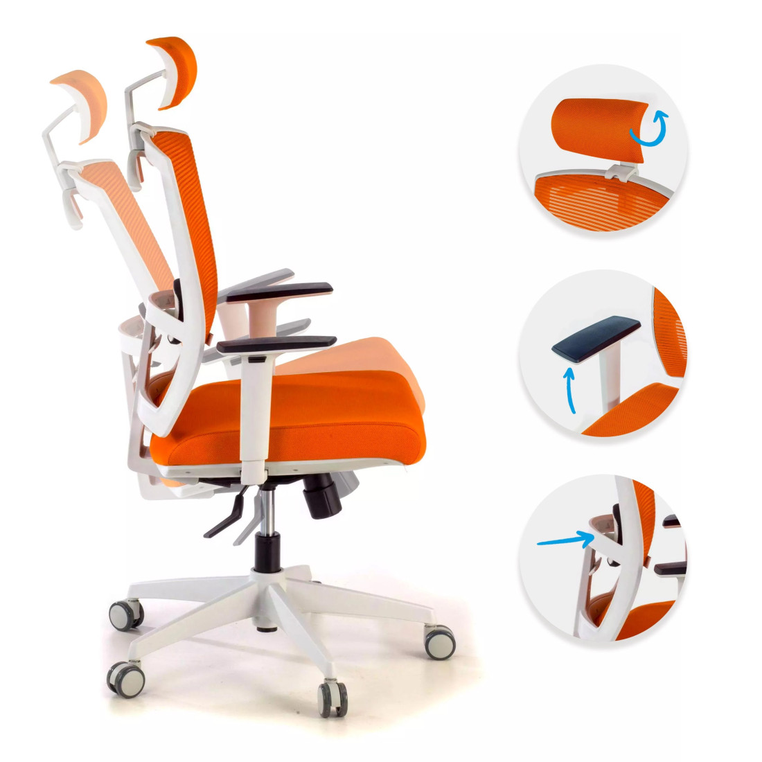 silla ergonomica naranja kendo estructura blanca reposacabezas malla 3