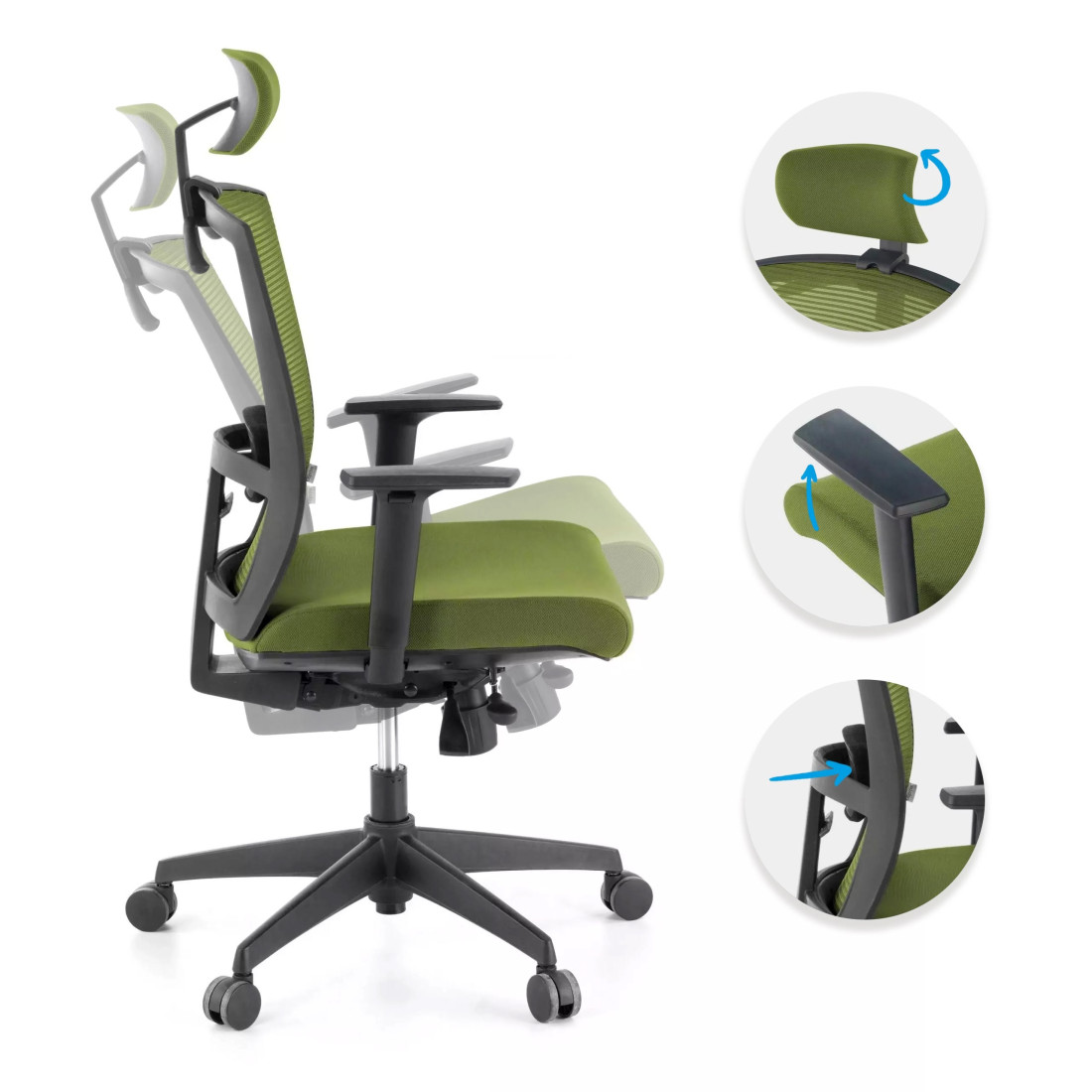 silla ergonomica verde kendo estructura negra reposacabezas malla 3