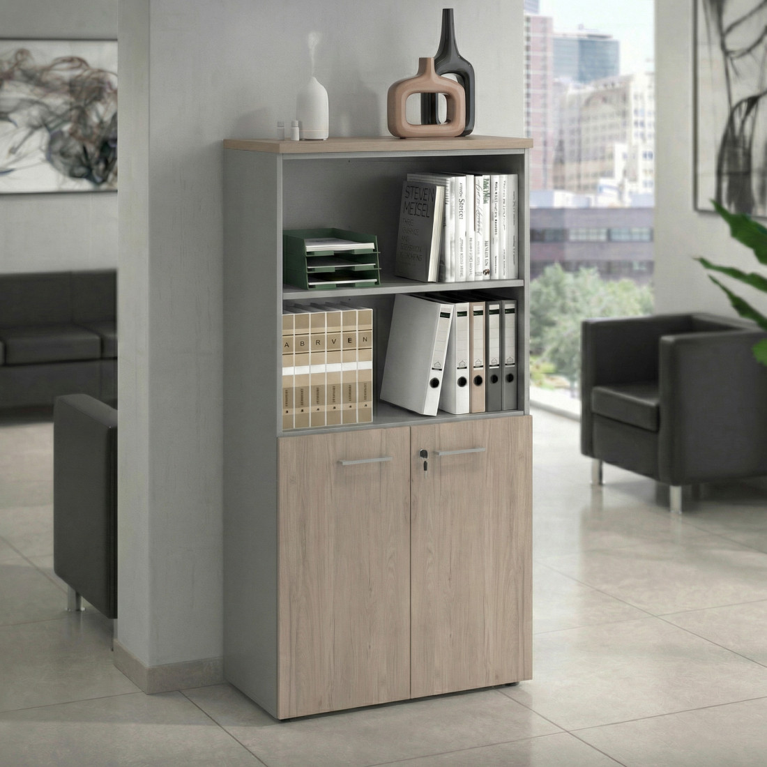 Armario de oficina Basic, medida 155x80cm con puerta baja
