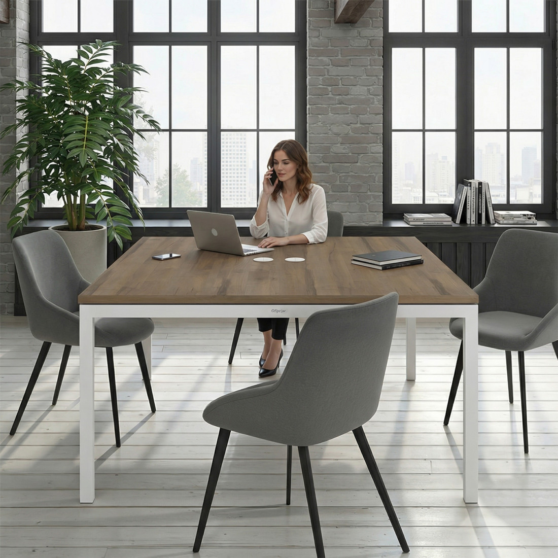 Mesa para reunión o trabajo, encimera continua fondo 142 cm estructura blanco