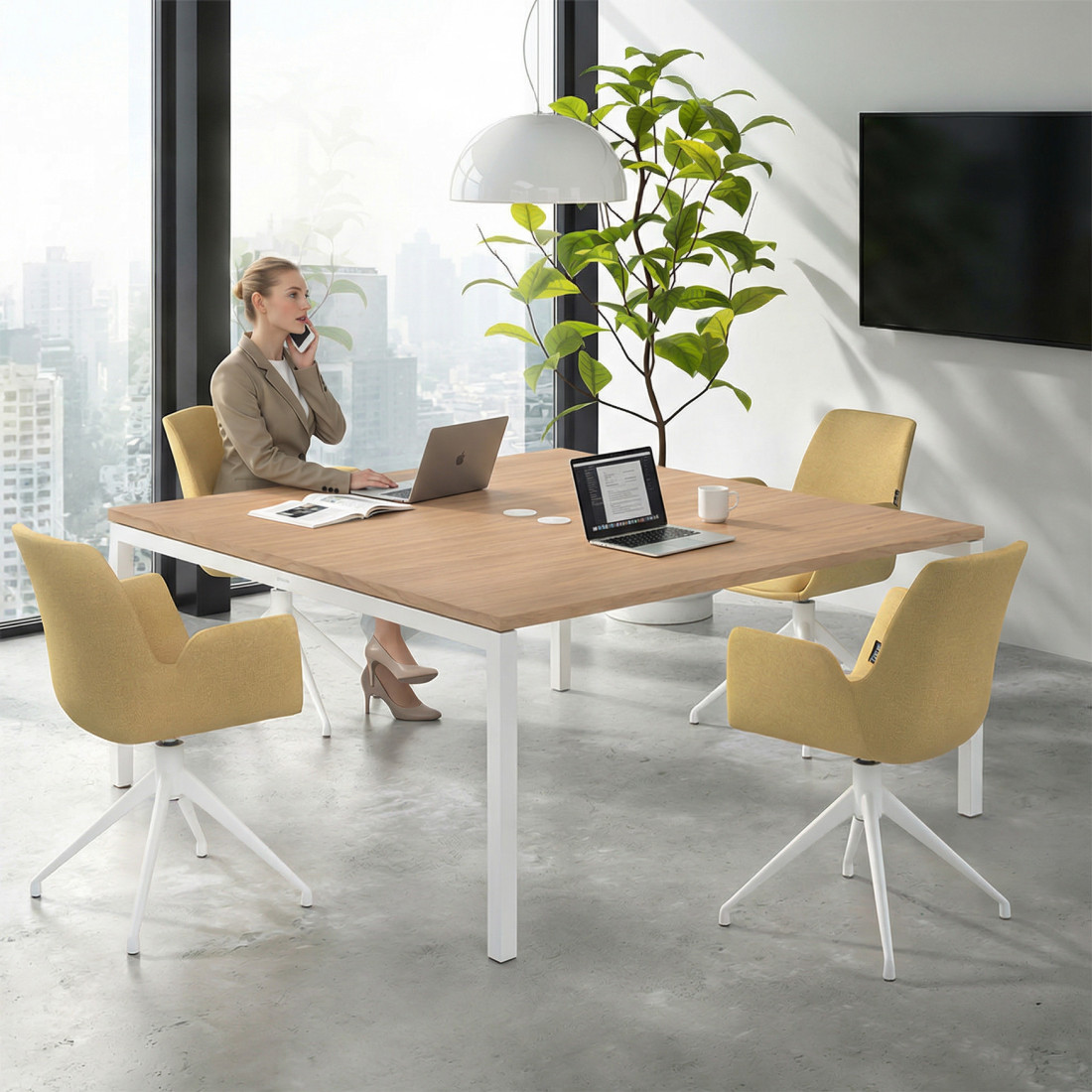 Mesa para coworking encimera continua fondo 166 cm estructura blanco