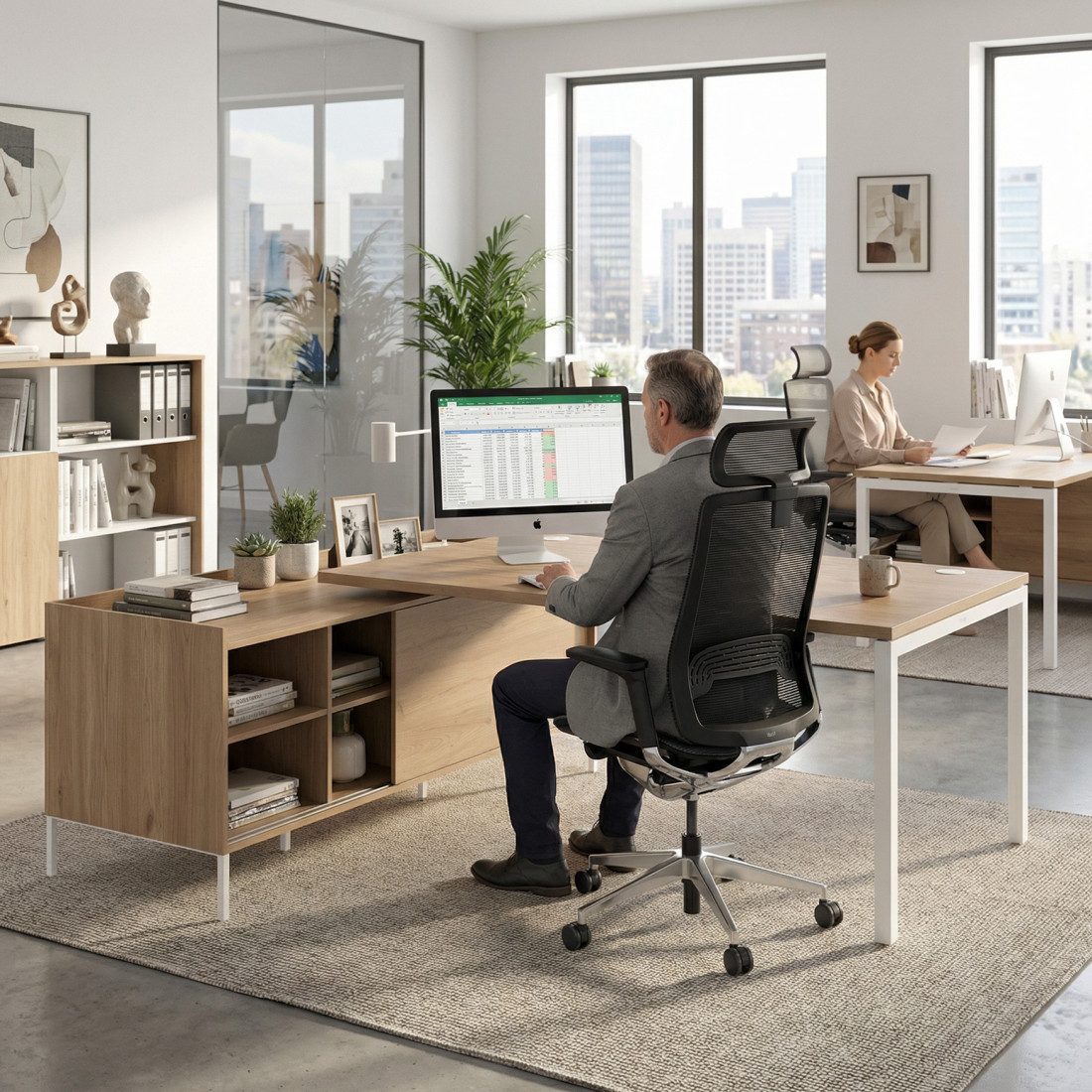Mesa de dirección con pedestal estantes Kube fondo 100cm estructura blanca