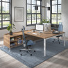 Mesa de oficina doble con pedestal estantes Kube, encimera única, estructura blanca