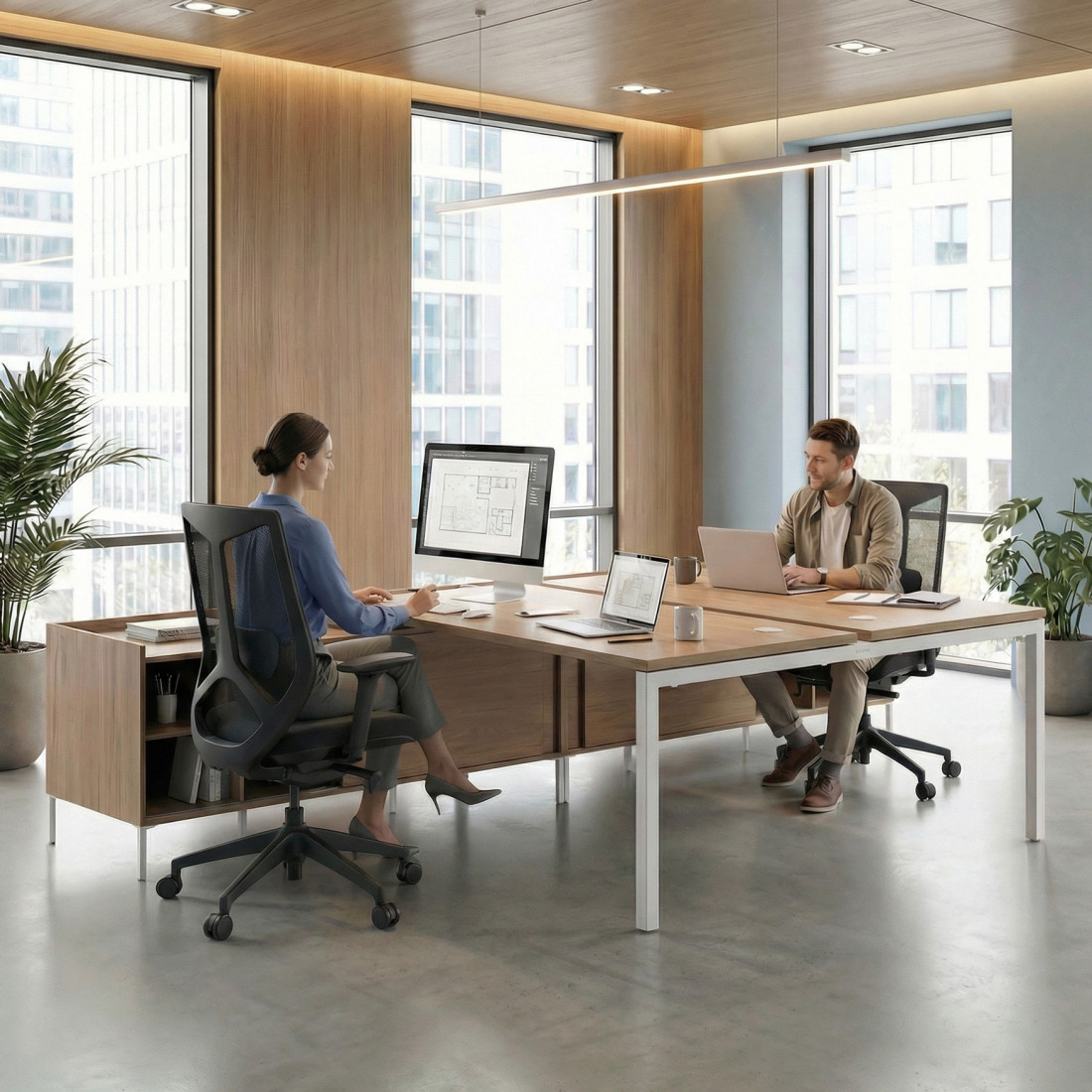 Mesa multipuesto con pedestal estantes Kube, encimera única, estructura blanca