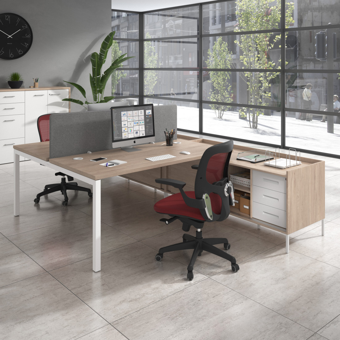 Mesa multipuesto con pedestal cajonera Kube, encimera única, estructura blanca