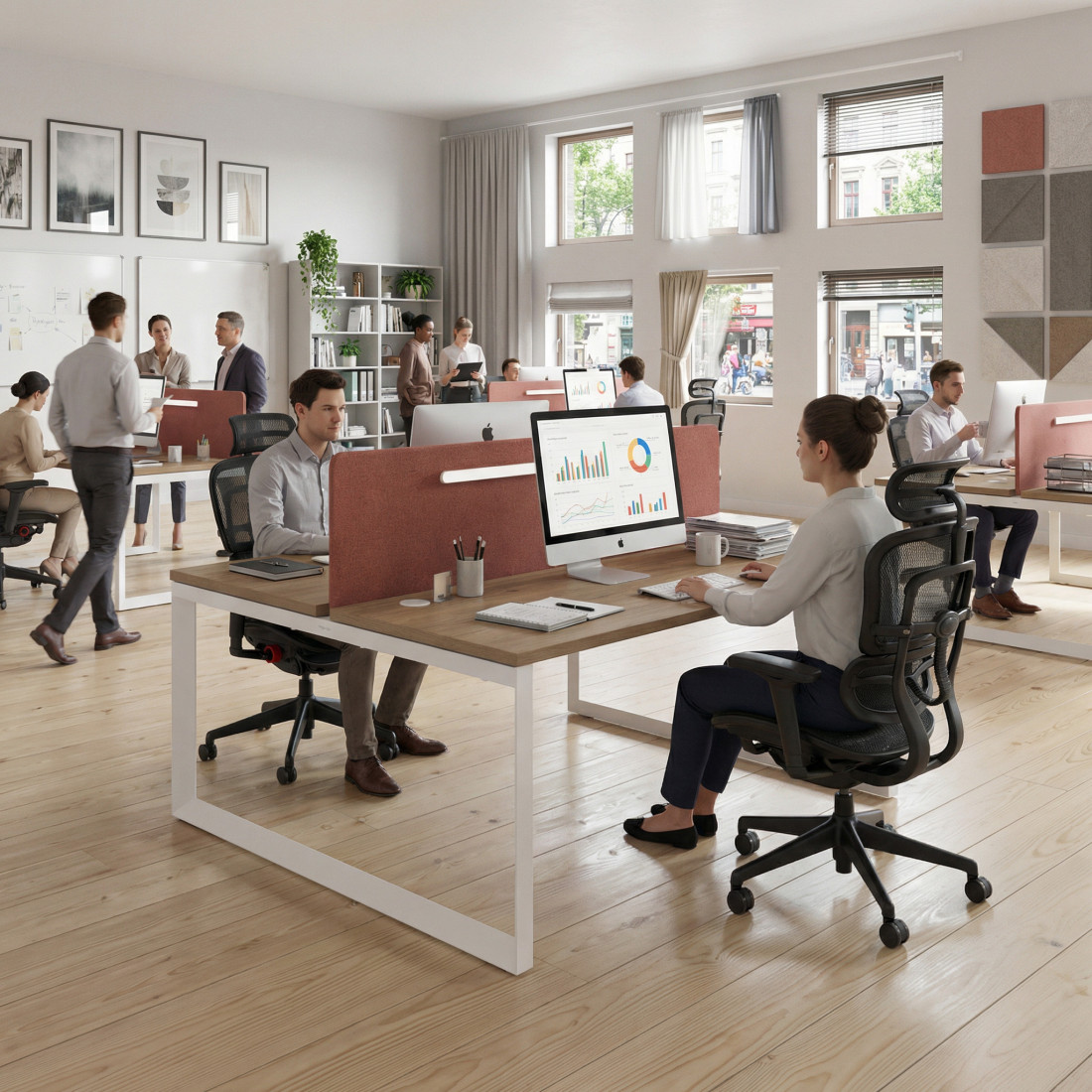 Mesa oficina multipuesto bench Delta fondo 142cm estructura blanca