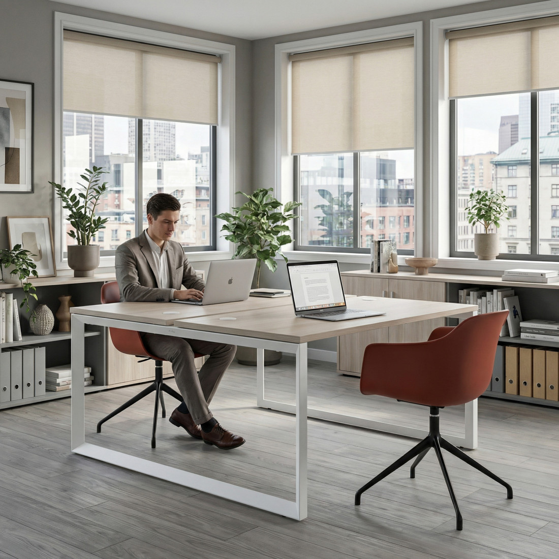 Mesa oficina multipuesto bench Delta fondo 166cm estructura blanca