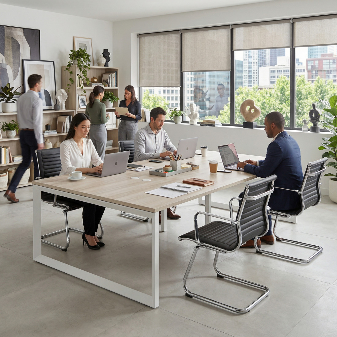 Mesa para reuniones rectangular doble, fondo 142 cm, estructura blanca