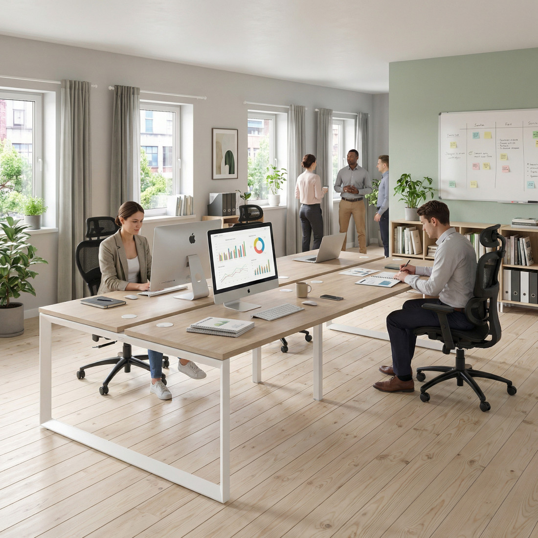 Mesa oficina multipuesto bench Delta doble, fondo 142cm, estructura blanca
