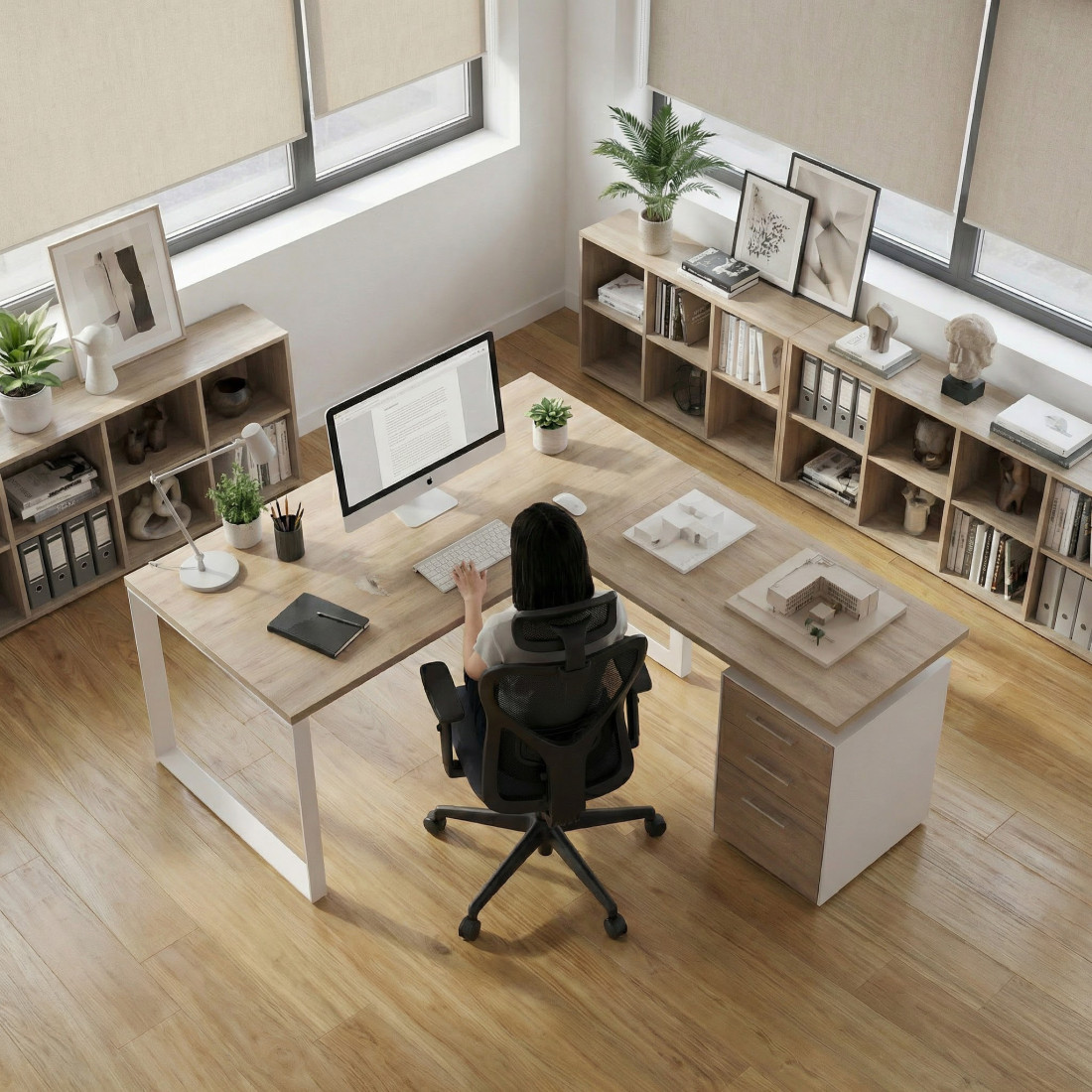 Mesa de escritorio en L con cajones Delta, estructura negra, ala pedestal melamina