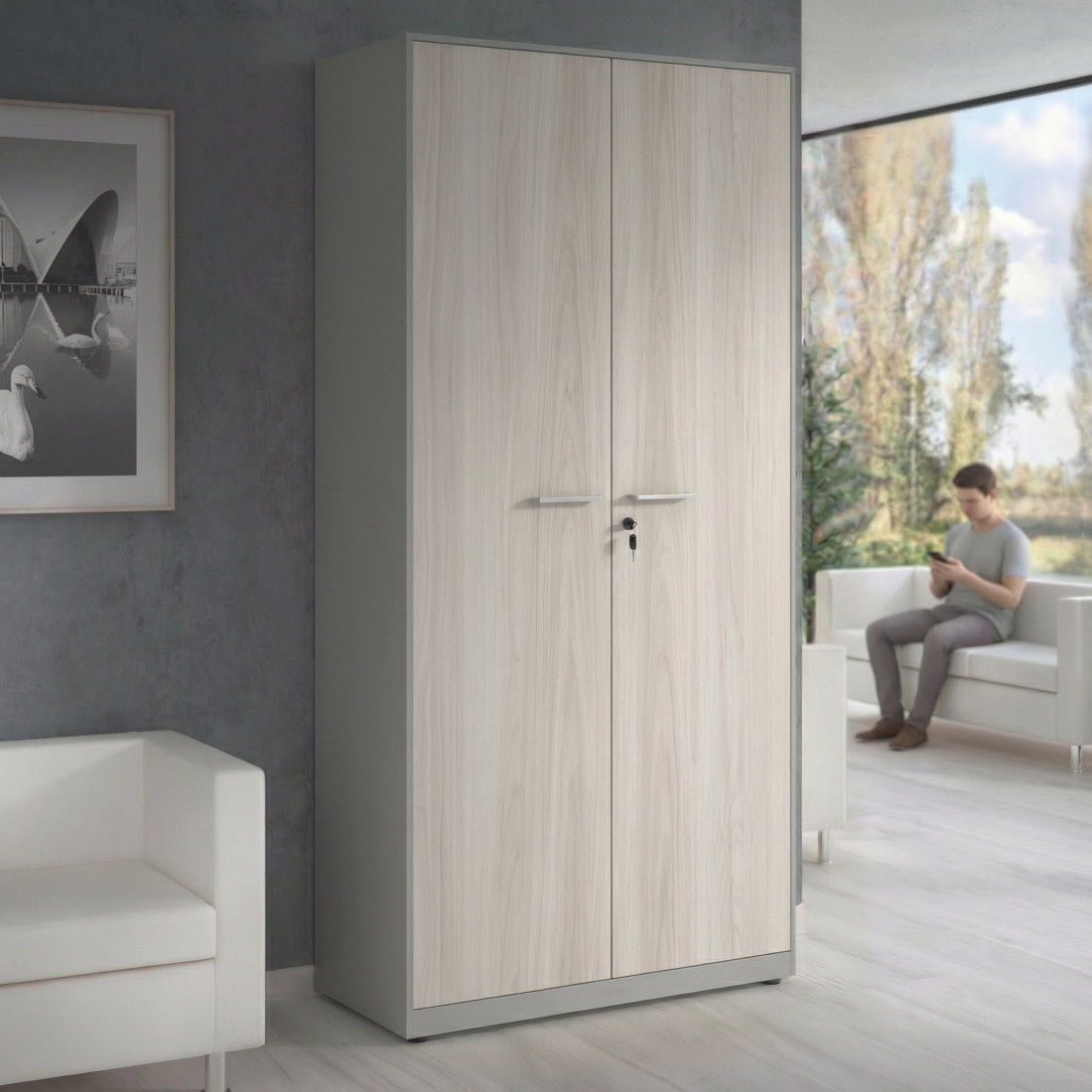 Armario de oficina metálico con puertas de melamina Strong 185x92cm, estructura aluminio