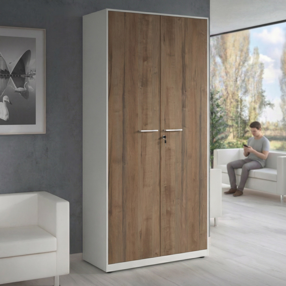 Armario metálico de oficina con puertas de melamina Strong 185x92cm, estructura blanca